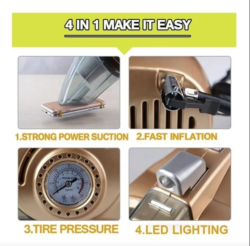 Aspiradora de Mano 4 en 1 para carro — aspira, infla, sopla y más